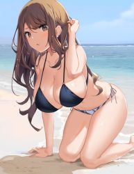Rule 34 | 1girl, all fours, bare arms, bare shoulders, beach, bikini, black bikini, black eyes, breasts, brown hair, chestnut mouth, cleavage, collarbone, day, earrings, groin, halterneck, hand up, highres, horizon, icomochi, jewelry, large breasts, long hair, looking at viewer, mismatched bikini, navel, ocean, original, outdoors, parted lips, shadow, side-tie bikini bottom, sidelocks, solo, stomach, string bikini, stud earrings, sunlight, swimsuit, thighs, water, wet