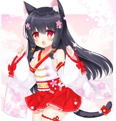 Rule 34 | 1girl, :d, animal ear fluff, animal ears, bare shoulders, black hair, blush, cat ears, cat girl, cat tail, detached sleeves, fang, floral print, flower, frilled sleeves, frills, hair between eyes, hair flower, hair ornament, hands up, highres, japanese clothes, kimono, long hair, long sleeves, looking at viewer, open mouth, original, petals, pink flower, pleated skirt, print sleeves, red eyes, red skirt, shikito (yawa0w0), skirt, sleeveless, sleeveless kimono, sleeves past wrists, smile, solo, standing, tail, very long hair, white kimono, white sleeves, wide sleeves