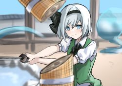 Rule 34 | 1girl, black hairband, blue eyes, blurry, blurry background, closed mouth, cutting, ghost, green vest, grey hair, hairband, highres, holding, holding sword, holding weapon, konpaku youmu, konpaku youmu (ghost), looking at viewer, ramiki, shirt, short hair, short sleeves, smile, solo, sword, touhou, upper body, vest, weapon, white shirt