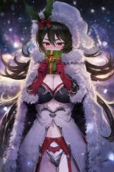 Rule 34 | 1girl, bell, black hair, black thighhighs, blush, box, breasts, cape, cleavage, closed mouth, elbow gloves, fur-trimmed cape, fur-trimmed gloves, fur-trimmed headwear, fur trim, garter straps, gift, gift box, gloves, hair ornament, hat, highres, holly, holly hair ornament, ilya (christmas) (princess connect!), ilya (princess connect!), jingle bell, large breasts, layered gloves, leotard, long hair, looking at viewer, princess connect!, red eyes, red gloves, santa hat, solo, sonchi, thighhighs, thighs, white cape, white gloves, white hat, white leotard