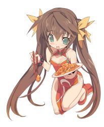 Rule 34 | 1girl, blade (galaxist), bracelet, brown hair, china dress, chinese clothes, chopsticks, dress, fang, food, green eyes, huang lingyin, infinite stratos, jewelry, long hair, no socks, open mouth, simple background, solo, twintails