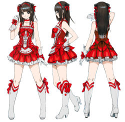 Rule 34 | 1girl, bare shoulders, black hair, blunt bangs, blush, boots, bow, character sheet, choker, corset, dress, frills, from behind, gloves, hair bow, hairband, high heels, idol, knee boots, long hair, looking at viewer, multiple views, profile, ribbon, shoes, short dress, simple background, smile, standing, turnaround, twintails, two side up, white legwear, yasuda akira