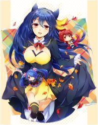 Rule 34 | 3girls, akatsuki yakyou, autumn leaves, bad leg, black legwear, blue hair, blue neckwear, blue skirt, breasts, character request, chibi, cleavage, curtsey, gen 2 pokemon, hair between eyes, hair over one eye, highres, large breasts, leaf, long hair, multiple girls, necktie, personification, pokemon, red eyes, skirt, skirt hold, standing, twintails, typhlosion
