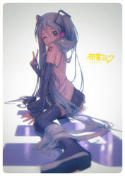 Rule 34 | 1girl, ;), blue nails, closed eyes, fingerless gloves, gloves, hatsune miku, headphones, highres, long hair, looking at viewer, nail polish, one eye closed, pine (yellowpine112), sitting, sleeveless, smile, solo, symbol-shaped pupils, thighhighs, very long hair, vocaloid, wariza