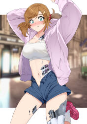 Rule 34 | 1girl, android, beads, blue shorts, blush, breasts, brown hair, cleavage, collarbone, commission, embarrassed, green eyes, hair beads, hair ornament, hairclip, jacket, kaeru (ka=l), mechanical parts, medium breasts, navel, original, partially unzipped, pink footwear, pink jacket, short twintails, shorts, skeb commission, solo, tank top, thighs, twintails, white tank top