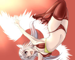 Rule 34 | 1girl, angel wings, boots, breasts, cameltoe, final fantasy, final fantasy tactics, flying, hal (goshujinomocha), hal (haruna), head wings, knee boots, long hair, open mouth, red eyes, sideboob, silver hair, smile, solo, thigh boots, thighhighs, ultima (fft), wings