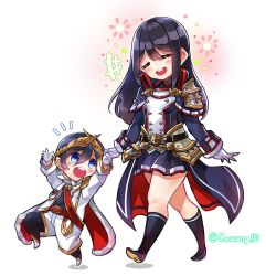 Rule 34 | adapted costume, black hair, brother and sister, cawang, chibi, closed eyes, gloves, hair down, highres, holding hands, long hair, military, military uniform, miniskirt, morag ladair (xenoblade), niall ardanach, open mouth, siblings, skirt, smile, uniform, walking, xenoblade chronicles (series), xenoblade chronicles 2