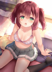 Rule 34 | 1girl, arm support, black socks, blush, bra, breasts, collarbone, commentary request, green eyes, indoors, kneehighs, komone ushio, kurosawa ruby, looking at viewer, looking up, love live!, love live! sunshine!!, medium breasts, navel, no shirt, no shoes, open mouth, panties, pillow, plaid, plaid bra, pleated skirt, red hair, sitting, sitting on pillow, skirt, socks, solo, sweat, tareme, two side up, underwear, wariza