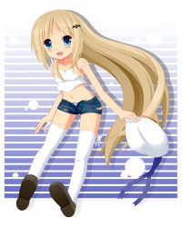 Rule 34 | 1girl, blonde hair, blue eyes, blush, breasts, casual, cleavage, denim, denim shorts, fang, hat, highres, little busters!, long hair, mizunashi tomo, navel, noumi kudryavka, off shoulder, open fly, panties, short shorts, shorts, small breasts, solo, strap slip, striped clothes, striped panties, thighhighs, underwear, unzipped