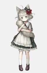 1girl animal_ears bloomers bow dress ear_bow ear_ribbon full_body grey_dress grey_eyes highres hugging_own_tail hugging_tail original sasami_(shiroi_fuwafuwa) short_hair simple_background tail underwear white_background white_bloomers white_hair wolf_ears wolf_girl wolf_tail