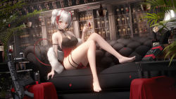 Rule 34 | 1girl, absurdres, alcohol, antennae, arknights, arm strap, bare legs, bare shoulders, barefoot, bomb, breasts, commentary, couch, double bun, explosive, feather boa, feet, full body, grey hair, gun, hair bun, hand up, highres, horns, indoors, knees up, large breasts, ling dianxia, looking at viewer, orange eyes, rifle, short hair, sitting, sleeveless, soles, solo, thighs, toes, w (arknights), weapon, whiskey