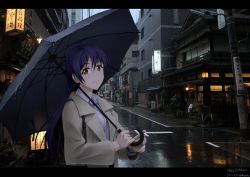 Rule 34 | 1girl, absurdres, artist name, artist request, bag, blue hair, blush, breasts, brown jacket, cloud, day, female focus, grey sky, hair between eyes, highres, holding, holding umbrella, jacket, light brown jacket, long hair, looking at viewer, love live!, love live! school idol project, outdoors, parted lips, rain, shirt, shoulder bag, sky, small breasts, smile, solo, sonoda umi, umbrella, upper body, white shirt, yellow eyes