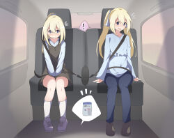 Rule 34 | !, 2girls, arms at sides, between legs, blonde hair, blue eyes, blue pants, blue shirt, blush, bright pupils, brown dress, brown footwear, buttons, car interior, chair, dress, embarrassed, female focus, flat chest, full body, hair between eyes, hair ribbon, hand between legs, have to pee, japanese text, knees together feet apart, long hair, long sleeves, looking at viewer, multiple girls, nose blush, notice lines, open mouth, original, own hands together, pants, pinafore dress, ponytail, purple footwear, ribbon, seatbelt, shared speech bubble, shirt, shoes, short dress, sidelocks, sitting, sleeveless dress, socks, speech bubble, spoken exclamation mark, straight-on, sweat, translation request, twintails, v arms, watakarashi, white pupils, white ribbon, white socks, wide-eyed, window
