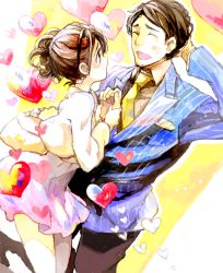 Rule 34 | 1boy, 1girl, animification, blush, brown eyes, brown hair, candelira, closed eyes, couple, dorayan, earrings, facial hair, formal, happy, heart, hetero, holding hands, jewelry, looking at another, necktie, smile, stubble, suit, super sentai, tomatsu haruka, udo nobuharu, zyuden sentai kyoryuger