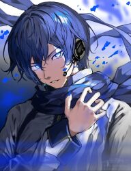 Rule 34 | 1boy, blue eyes, blue hair, blue nails, blue scarf, coat, dark blue hair, glowing, glowing eyes, hair between eyes, hand up, headphones, headset, kaito (vocaloid), looking at viewer, male focus, parted lips, scarf, serious, shirubaa, short hair, signature, sketch, solo, upper body, vocaloid, watermark, white coat, wind, wind lift
