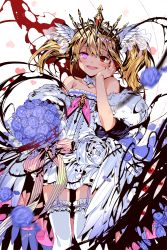 Rule 34 | + +, 1girl, :d, armpit crease, bare shoulders, blonde hair, blood, blue flower, blue rose, blush, bouquet, collarbone, commentary, crown, detached collar, dress, empew, flower, frilled dress, frills, fur trim, garter straps, hair ornament, hand on own cheek, hand on own face, hand up, heart, heterochromia, holding, holding bouquet, long hair, looking at viewer, motion blur, open mouth, plant, purple eyes, red eyes, ribbon, rose, sidelocks, smile, soccer spirits, solo, standing, striped ribbon, symbol-shaped pupils, teeth, thighhighs, thorns, twintails, upper teeth only, vines, white background, white dress, white ribbon, white thighhighs, winged hair ornament, yandere, yeon (soccer spirits)