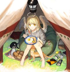 Rule 34 | 1other, angel, angel wings, bacon, barefoot, basket, blonde hair, blunt bangs, bread, butter, cat, cheese, closed mouth, croissant, cup, cushion, eating, egg, egg (food), eyebrows, feet, food, fork, fruit, frying pan, gawako, grass, grey shirt, halo, highres, holding, holding fork, holding plate, jam, knees together feet apart, lamp, lemon, long sleeves, looking at viewer, no legwear, no shoes, notebook, nutella, original, paint, paintbrush, painting (object), paper, plate, sausage, scissors, shirt, sitting, solo focus, spoon, tent, toes, water, wings, yellow eyes