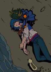 Rule 34 | 2boys, absurdres, animal, beach, black hair, blue eyes, blue hair, blue jacket, blue shirt, brown gloves, bruno (yu-gi-oh!), cat, denim, elbow pads, flat color, footprints, from above, fudo yusei, gloves, half-closed eyes, hand on another&#039;s arm, helping, high collar, highres, jacket, jeans, long sleeves, looking down, looking up, lying, male focus, multicolored hair, multiple boys, night, ocean, on side, open mouth, outdoors, pants, parted lips, paw print, sand, shirt, shore, short hair, shoulder pads, sick, sleeves rolled up, spiked hair, streaked hair, white jacket, youko-shima, yu-gi-oh!, yu-gi-oh! 5d&#039;s