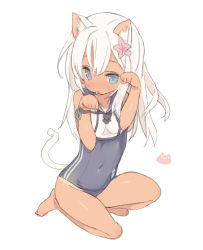 Rule 34 | 10s, 1girl, :p, animal ears, bare legs, bare shoulders, barefoot, blade (galaxist), blue eyes, blush, cat ears, cat tail, covered navel, crop top, flower, full body, hair between eyes, hair flower, hair ornament, kantai collection, kemonomimi mode, long hair, looking at viewer, one-piece swimsuit, paw pose, ro-500 (kancolle), sailor collar, school swimsuit, school uniform, serafuku, shiny skin, simple background, solo, squatting, swimsuit, swimsuit under clothes, tail, tan, tanline, tareme, tongue, tongue out, white background, white hair