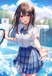 Rule 34 | 1girl, absurdres, blue sky, blush, bow, bra, breasts, brown hair, cloud, cloudy sky, day, hair ornament, hand up, highres, holding, kisaragi yuri, ladder, long hair, looking at viewer, medium breasts, original, outdoors, outstretched arm, pleated skirt, pool, pool ladder, purple eyes, scan, school uniform, see-through, shirt, short sleeves, simple background, skirt, sky, solo, underwear, wet, wet clothes, white shirt, x hair ornament