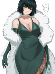 Rule 34 | 1girl, absurdres, black hair, bob cut, breasts, cleavage, collarbone, dress, elbow gloves, feather boa, fubuki (one-punch man), fur trim, gloves, green dress, green eyes, green gloves, heart, highres, hip vent, instagram logo, jewelry, large breasts, mandytsune, md5 mismatch, necklace, one-punch man, pantyhose, resolution mismatch, saitama (one-punch man), short hair, signature, simple background, source larger, twitter logo, white background
