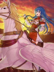 Rule 34 | 1girl, :d, absurdres, armor, blue eyes, blue hair, boots, breastplate, caeda (fire emblem), cloud, cloudy sky, commission, dress, fire emblem, fire emblem: mystery of the emblem, highres, holding, holding reins, horseback riding, long hair, looking at viewer, mytea (soso), nintendo, open mouth, pauldrons, pegasus, pegasus knight uniform (fire emblem), red dress, reins, riding, saddle, short dress, shoulder armor, skeb commission, sky, smile, solo, thigh boots, thighhighs, twilight, white footwear, zettai ryouiki