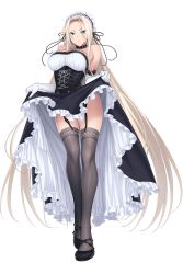 Rule 34 | 1girl, aqua eyes, bare shoulders, black thighhighs, blonde hair, breasts, character request, choker, cleavage, clothes lift, collar, dress, dress lift, elbow gloves, full body, gang of heaven, garter straps, gloves, headdress, high heels, holding, large breasts, lifting own clothes, long hair, looking at viewer, maid, maid headdress, solo, strapless, strapless dress, suzume inui, thighhighs, transparent background, very long hair, white gloves