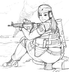 Rule 34 | 1girl, ass, assault rifle, bad id, bad twitter id, body armor, fat, foxfire, greyscale, gun, headset, highres, kneeling, looking at viewer, looking back, military, monochrome, obese, on one knee, original, rifle, solo, thick thighs, thighs, thong, weapon