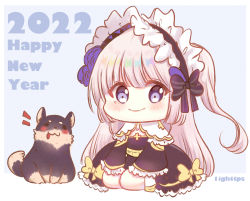 Rule 34 | 1girl, 2022, animal, black bow, black dress, black hairband, blue background, blush, bow, closed mouth, dog, dress, flower, frilled hairband, frills, grey hair, hairband, happy new year, high priest (ragnarok online), highres, light (luxiao deng), long hair, long sleeves, looking at viewer, new year, notice lines, one side up, purple eyes, purple flower, purple rose, ragnarok online, rose, signature, sleeves past fingers, sleeves past wrists, smile, solo, striped, striped bow, two-tone background, very long hair