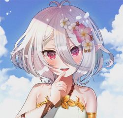 Rule 34 | 1girl, antenna hair, bare shoulders, blush, close-up, collarbone, flower, hair flower, hair ornament, hanato (seonoaiko), highres, kokkoro (princess connect!), looking at viewer, messy hair, parted lips, pointy ears, princess connect!, purple eyes, short hair, silver hair, smile, solo, teeth, upper body, upper teeth only