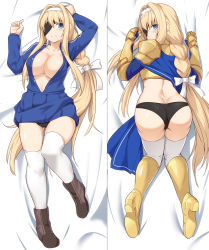 Rule 34 | 1girl, alice zuberg, ankle boots, armor, ass, black footwear, black panties, blonde hair, blue eyes, blue shirt, blue skirt, blush, boots, bow, braid, breasts, cleavage, collarbone, commentary request, dakimakura (medium), eyepatch, from behind, frown, gold armor, hair bow, hairband, high heel boots, high heels, knee boots, long braid, long hair, long sleeves, looking at viewer, lying, multiple views, on back, on stomach, panties, pleated skirt, shirt, shiseki hirame, shoe soles, shoes, shoulder plates, skirt, sword art online, sword art online: alicization, thighhighs, thighs, underwear, very long hair, white bow, white hairband, white thighhighs