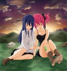 Rule 34 | 2girls, absurdres, blue hair, blush, child, claudia dragneel, couple, dress, closed eyes, fairy tail, female focus, holding hands, happy, highres, interlocked fingers, leaning, long hair, multiple girls, pink hair, sheria blendy, short hair, short twintails, sitting, sunset, twintails, wendy marvell