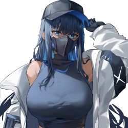 Rule 34 | 1girl, bad id, bad twitter id, bare shoulders, baseball cap, black gloves, black headwear, black mask, blue archive, blue eyes, blue hair, breasts, crop top, dasha, gloves, hat, highres, holding, holding clothes, holding hat, jacket, large breasts, long hair, looking at viewer, mask, midriff, mouth mask, saori (blue archive), shirt, sidelocks, sleeveless, sleeveless shirt, white background, white jacket
