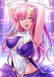 Rule 34 | 1girl, amasaki yusuke, armpits, arms up, artist name, breasts, breasts apart, commentary, gloves, gundam, gundam seed, gundam seed destiny, hair ornament, highres, impossible clothes, large breasts, leotard, long hair, meer campbell, pink hair, purple eyes, purple skirt, sidelocks, signature, skirt, solo, star (symbol), star hair ornament, white gloves