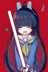 Rule 34 | 1girl, black hair, blue archive, closed eyes, energy sword, halo, highres, le xue, leaf, lightsaber, long hair, miyu (blue archive), red background, school uniform, simple background, sword, uniform, weapon