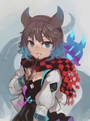 Rule 34 | 1girl, animal ears, arknights, black dress, black scarf, black wristband, blue eyes, blue hair, blue nails, breasts, brown hair, checkered clothes, checkered scarf, cleavage, cleavage cutout, clothing cutout, deepcolor (arknights), deepcolor (elite ii) (arknights), dress, hand up, holding, holding paintbrush, infection monitor (arknights), jacket, looking at viewer, multicolored hair, nail polish, paintbrush, paintrfiend, parted lips, red scarf, scarf, small breasts, solo, streaked hair, tentacles, upper body, white jacket