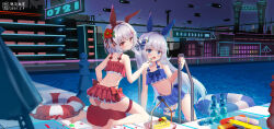 Rule 34 | 2girls, absurdres, animal ears, bikini, blue eyes, bow, cake, chess piece, chinese commentary, cityscape, closed mouth, commentary request, date shichuan majiang, fake animal ears, feeding, flower, food, fork, frilled bikini, frills, grey hair, hair bow, hair flower, hair ornament, hair ribbon, highres, innertube, long hair, looking at viewer, multiple girls, navel, night, o-ring, o-ring thigh strap, open mouth, original, outdoors, pool, pool ladder, poolside, rabbit ears, rabbit hair ornament, ramune, red bow, red eyes, red ribbon, ribbon, short hair, siblings, smile, stomach, swim ring, swimsuit, thigh strap, twins, very long hair, water gun, wet