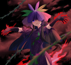 Rule 34 | 1girl, aura, black gloves, black hair, black sky, breasts, china dress, chinese clothes, cloud, commentary request, cowboy shot, dress, elbow gloves, flower, flower on head, gloves, grape print, highres, long hair, looking at viewer, nettian51, one eye covered, open mouth, outstretched arms, print dress, purple dress, purple eyes, purple flower, short sleeves, sidelocks, sky, small breasts, smile, solo, spread arms, touhou, vine print, yomotsu hisami
