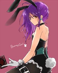 Rule 34 | 1girl, animal ears, bare shoulders, blush, rabbit tail, card, collar, earrings, fishnet pantyhose, fishnets, gloves, heart, heart earrings, jewelry, kanjyu0919, long hair, pantyhose, playboy bunny, playing card, pretty series, pripara, purple hair, side ponytail, simple background, solo, studded collar, tail, toudou shion, white gloves, yellow eyes