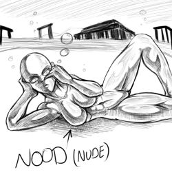 Rule 34 | 1girl, arrow (symbol), bald, bald girl, barefoot, breasts, bubble, building, collarbone, dural, english text, female focus, hand on head, hip focus, knee up, knees, large breasts, legs, lips, looking at viewer, lying, navel, no nipples, nose picking, nude, on floor, on side, outdoors, pltnm ghost, sega, shiny skin, silver skin, solo, text focus, thighs, virtua fighter