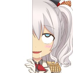Rule 34 | 10s, 1girl, blue eyes, blush, drooling, epaulettes, artistic error, gloves, hair ornament, hat, kantai collection, kashima (kancolle), long hair, looking at viewer, md5 mismatch, military, military uniform, nagineko, open mouth, peeking out, ribbon, saliva, silver hair, smile, solo, transparent background, twintails, uniform, white gloves