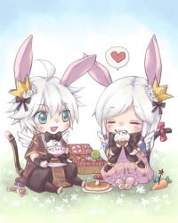 Rule 34 | 1boy, 1girl, :d, ahoge, basket, black bow, black neckwear, black pants, black shirt, blush, bow, bowtie, brown capelet, candy, capelet, carrot, cat tail, chibi, closed eyes, commentary request, cookie, crown, cup, cupcake, dress, eating, facial mark, fang, flower, food, full body, green eyes, hair between eyes, hair bow, hair flower, hair ornament, heart, highres, holding, holding cup, holding food, holding plant, holding plate, humanization, long hair, looking at another, mushroom, open mouth, p (8909), pancake, pants, pink dress, plant, plate, ragnarok online, shirt, short hair, sitting, smile, spoken heart, summoner (ragnarok online), tail, teacup, whisker markings, white flower, white hair, wrapped candy, wristband