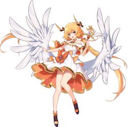 Rule 34 | 1girl, angel wings, ark order, artist request, black footwear, blonde hair, bow, bracelet, capelet, dress, dress bow, feathered wings, full body, gold trim, holding, holding wand, iris (ark order), jewelry, long hair, looking at viewer, low twintails, multicolored eyes, official art, orange bow, purple eyes, shoes, sidelocks, sleeveless, sleeveless dress, solo, tachi-e, transparent background, twintails, very long hair, wand, white capelet, white dress, white wings, wings, yellow eyes