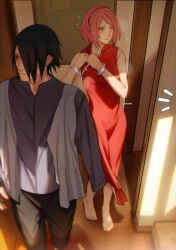 Rule 34 | 1boy, 1girl, absurdres, adjusting clothes, amputee, barefoot, black eyes, black hair, boruto: naruto next generations, bracelet, breasts, chinese commentary, commentary request, dress, feet, feet out of frame, from above, green eyes, hair over one eye, hairband, haruno sakura, highres, husband and wife, implied after sex, jewelry, naruto (series), niku (ni23ku), pink hair, red dress, red hairband, small breasts, steaming body, sweatdrop, toenails, toes, twitter username, uchiha sasuke