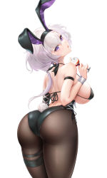 Rule 34 | 1girl, animal ears, arm strap, ass, azur lane, back, bare shoulders, bikini, bikini top only, black bikini, black leotard, breasts, brown pantyhose, commentary, cowboy shot, cup, drinking glass, fake animal ears, from behind, hair between eyes, halterneck, highres, holding, holding cup, large breasts, leotard, liu liaoliao, long hair, looking at viewer, looking back, official alternate costume, pantyhose, parted lips, playboy bunny, purple eyes, rabbit tail, reno (azur lane), reno (reno bunnino) (azur lane), simple background, solo, string bikini, swimsuit, tail, thigh strap, white background, white hair, wrist cuffs