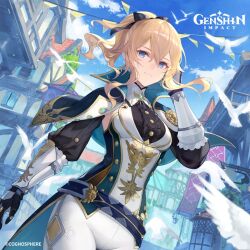 Rule 34 | 1girl, black gloves, blonde hair, blue capelet, blue eyes, bow, breasts, capelet, copyright notice, detached sleeves, genshin impact, gloves, hair between eyes, hair bow, highres, jean (genshin impact), jean (gunnhildr&#039;s legacy) (genshin impact), long hair, looking at viewer, medium breasts, official alternate costume, official art, pants, ponytail, sidelocks, smile, solo, tagme, white pants