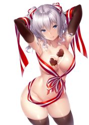 Rule 34 | 1girl, arms behind head, black thighhighs, blue eyes, breasts, chocolate, chocolate on body, chocolate on breasts, closed mouth, collarbone, cowboy shot, elbow gloves, food on body, gloves, hair between eyes, highres, kantai collection, kashima (kancolle), large breasts, long hair, looking at viewer, naked ribbon, navel, nironiro, ribbon, silver hair, simple background, skindentation, smile, solo, standing, thighhighs, tongue, tongue out, twintails, upper body, valentine, wavy hair, white background