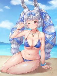Rule 34 | 1girl, animal ears, arm support, arm up, armpits, atla (kyokkou no lemuria), bare shoulders, bikini, blue bikini, blue bow, blue ribbon, blue sky, blunt bangs, blush, bow, breasts, chaou, choker, cleavage, closed mouth, cloud, collarbone, day, fingernails, front-tie bikini top, front-tie top, full body, groin, hair bow, hair ornament, hair ribbon, hair scrunchie, halterneck, heart, heart choker, heart necklace, highres, horizon, jewelry, kyokkou no lemuria, long hair, looking at viewer, medium breasts, mountain, navel, necklace, nose blush, ocean, on ground, one eye closed, outdoors, rabbit ears, rabbit hair ornament, red eyes, ribbon, sand, scrunchie, shadow, shiny skin, short eyebrows, side-tie bikini bottom, sidelocks, silver hair, sitting, sky, smile, solo, stomach, string bikini, swimsuit, thick eyebrows, twintails, v over eye, wet, white scrunchie, wristband, yokozuwari
