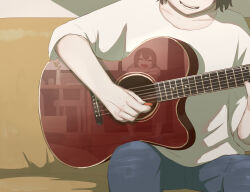 Rule 34 | 2boys, absurdres, avogado6, blue footwear, blue shirt, brown hair, chair, closed eyes, collarbone, couch, crossed arms, floor, flower, grey pants, guitar, hands up, happy, highres, holding, holding instrument, indoors, instrument, jar, leaf, male focus, multiple boys, music, open mouth, original, pants, pink flower, playing instrument, reflection, shadow, shirt, short hair, short sleeves, sitting, slippers, smile, t-shirt, table, teeth, tongue, wall, white shirt, window