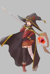 Rule 34 | 1girl, absurdres, aki tsui, bandaged leg, bandages, belt, black thighhighs, blush, breasts, brown footwear, brown hair, cape, commentary request, dress, fingerless gloves, from side, gloves, grey background, hat, highres, holding, holding staff, kono subarashii sekai ni shukufuku wo!, looking at viewer, magic, megumin, open mouth, red dress, red eyes, short hair, simple background, single thighhigh, smile, solo, staff, thighhighs, witch hat